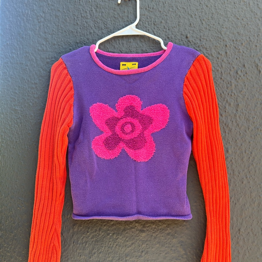 UNIF Purple and Red Cropped Sweater with Floral Design